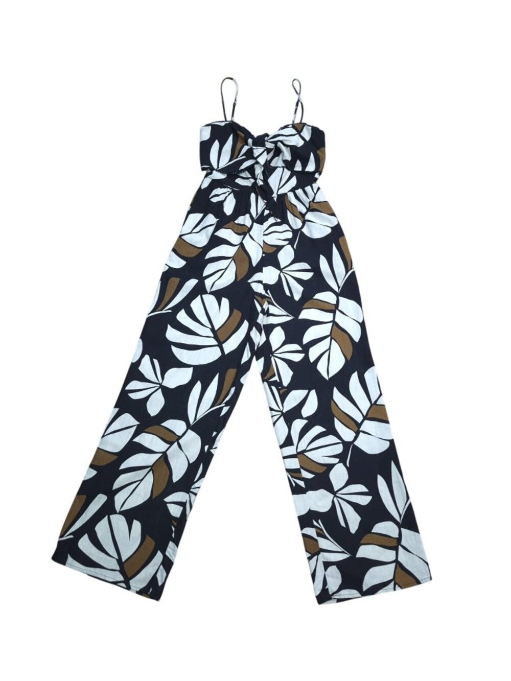 Audrey Parks Women’s Black White Leaf Print Jumpsuit Size S Linen Rayon Wide Leg